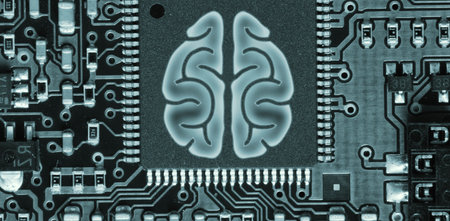 Digitally generated image of human brain in circuit boardの写真素材