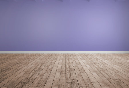 Empty room is being shown in flat design, with purple wall and pale oak floorboards. Minimalist, modern, spacious, interior, neutral, contemporary, cleanの写真素材