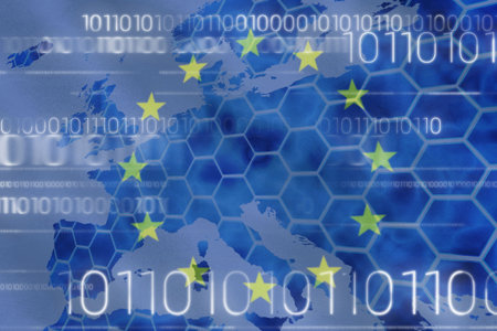 European union flag with binary codes, Close-up