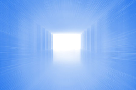 Bright white portal is emerging in blue 3D corridor with reflective floor and radial blur. Futuristic, digital, abstract, tunnel, perspective, motion, technologyの写真素材