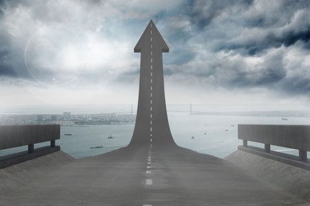 Flat design highway ramp is curving into stormy clouds with sun flare, guard rails, boats, skyline....