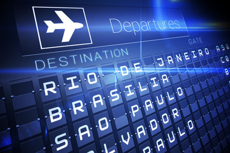 Digitally generated blue departures board for south americaの写真素材