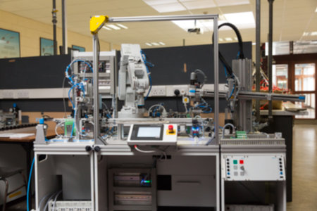 Showing flat design 6-axis robot arm in lab featuring safety frame touchscreen console and sensors....