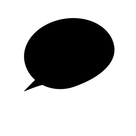 Black speech bubble is appearing on plain white canvas, flat design with pointed tail, copy space. Minimalist, graphic, outline, communication, user interface, modern, vectorの写真素材