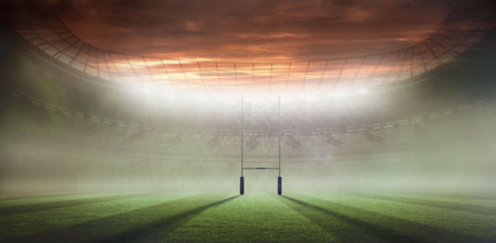 Flat design showing empty rugby stadium with goal posts, floodlights, grass pitch, drifting haze....