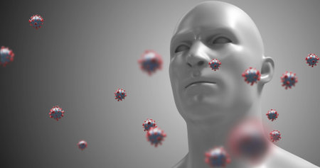 Covid-19 cells against human head model against grey background