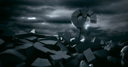 Digital composite image of broken dollar sign and rocks against stormy skyの写真素材