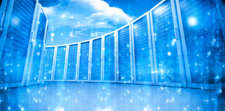Digitally generated image of blue server room against cloudy sky