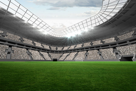 Flat stadium design is showing grass pitch, seating under curved open-air roof with floodlights. Stadium, arena, sports, outdoors, architecture, infrastructure, recreationの写真素材