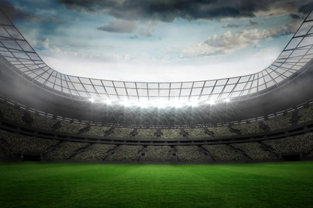 Showing empty stadium with curved tiers, turf, floodlit clear roof, partly cloudy sky, flat design. Arena, facility, architecture, venue, infrastructure, landscape, open-airの写真素材
