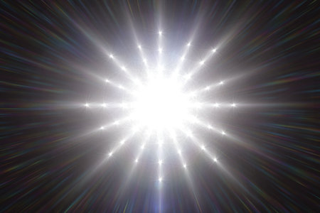 Bright white starburst is radiating in abstract flat design with multicolored radial light streaks....