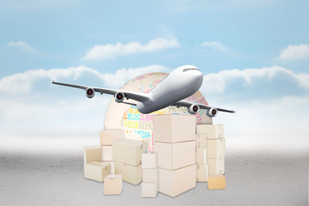 Illustration of airplane flying over globe and boxes against the skyの写真素材