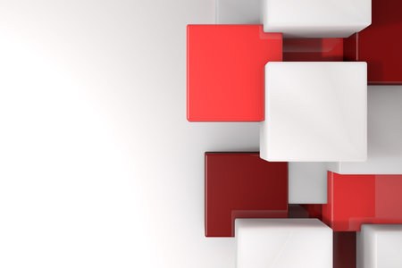 Glossy 3D cubes are emerging from right edge of smooth white gradient in digital 3D render....