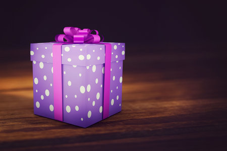 Purple polka dot gift box is sitting on wooden tabletop, showing pink ribbon and warm lighting....