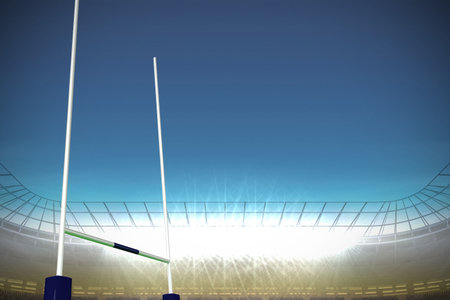 White goal posts are standing in flat design stadium scene, curved seating and glowing floodlights. Sports, arena, infrastructure, architecture, outdoor, competition, illuminationの写真素材