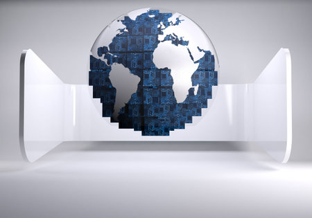 Digital globe on grey abstract backgroundの写真素材