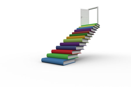 Steps made from books leading to open doorの写真素材