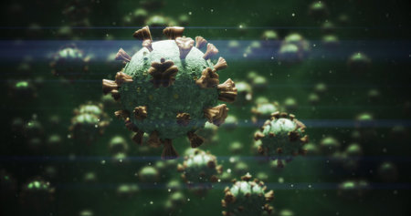 Multiple micro Covid-19 cells against green backgroundの写真素材