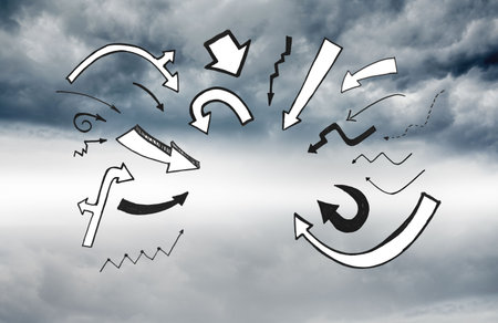 Hand-drawn black and white arrows are floating in stormy sketch sky, highlighting bold contrast. Abstract, directional, monochrome, illustration, conceptual, dynamic, minimalisticの写真素材