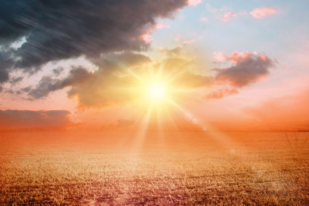 Digitally generated Sunrise over fieldの写真素材