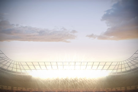 Digitally generated large football stadium under cloudy blue skyの写真素材