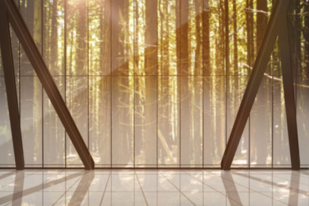 Building with large windows on the woodの写真素材