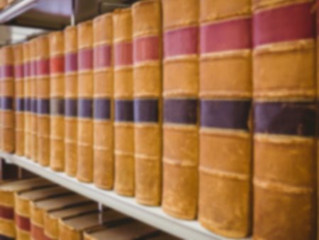 flat design illustration showing bookshelf displaying leather-bound volumes with red and blue bands....