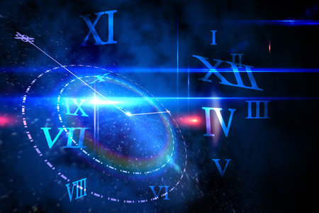 Digitally generated blue glowing technology design with clockの写真素材