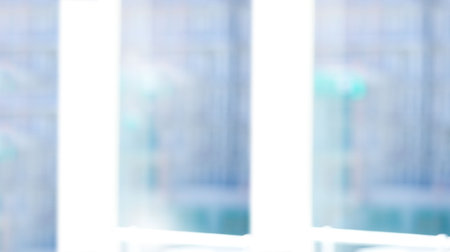 Three white vertical window frames are revealing blurred high-rise window grid in flat design....