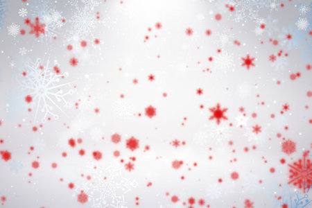 Showing abstract stylized red and white snowflakes and dots floating over pale gradient backdrop. Winter, seasonal, holiday, festive, abstract, minimalistic, vectorの写真素材