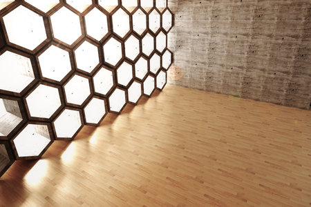 Empty room made of wood with hexagons and light spots. House, abstract and pattern concept.の写真素材