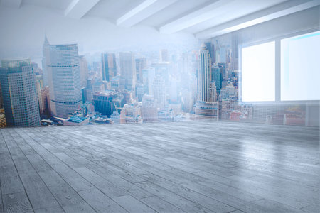 Empty loft is showcasing wide plank wooden floor, exposed beams and glass wall with skyline view. Urban, minimalist, contemporary, architecture, interior, skylines, natural lightの写真素材