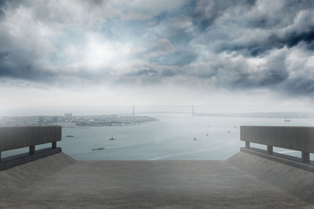 Flat design showing platform overlooking river and boats, bridge and skyline under cloudy sky. Urban, cityscape, modern, minimalist, landscape, infrastructure, transportationの写真素材