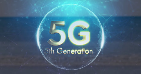 Floating glowing 5G text and 5th Generation label within digital network sphere, with node links....