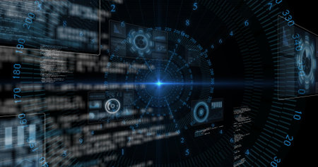 Central glowing UI focal point pulsing in virtual space, with panels and scrolling code streams....