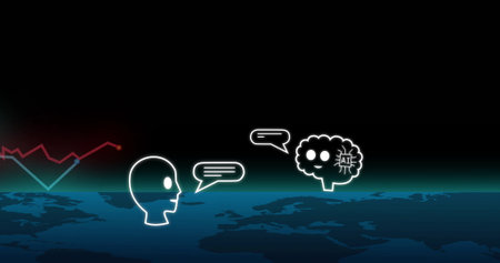 Connecting head outline with AI brain icon via neon speech bubbles over earth map, copy space....