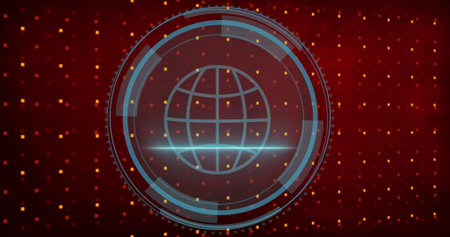 Displaying blue holographic globe hovering within concentric HUD rings over red pixelated backdrop....