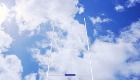 White metal goalpost is rising in flat illustration, showing crossbar and uprights under sun flare. Sports equipment, outdoor, minimalist, athletic, competition, active lifestyle, vibrantの写真素材