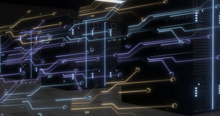 Displaying server racks glowing simulated data pathways in data center, with cables and floor tiles. Technology, infrastructure, cybersecurity, digital, network, futurism, industrialの写真素材