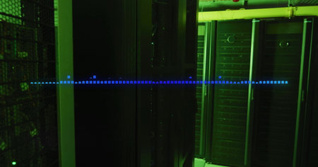 Bathing server room in green LED glow, showcasing rack cabinets with mesh cage, vents and waveform....