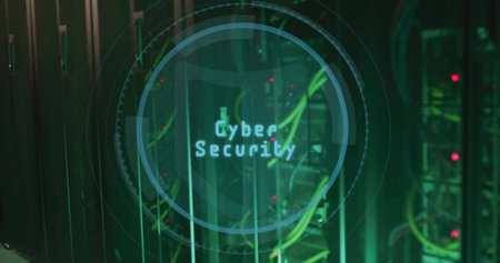 HUD overlay featuring Cyber Security hovering in server room aisle with network cables and LEDs. Technology, cybersecurity, data, digital, network, secure, futuristicの写真素材