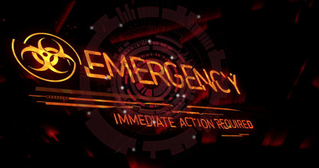 Displaying glowing orange emergency alert with biohazard symbol on console, with floating sparks....