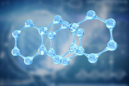 Molecular model is floating in 3D lab render with blue spheres, rods forming hexagon rings. Science,...