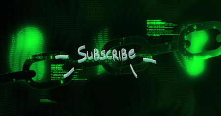 Floating chain link glowing over virtual code streams backdrop, with neon green subscribe text. Futuristic, technological, digital, cybernetic, neon, abstract, modernの写真素材
