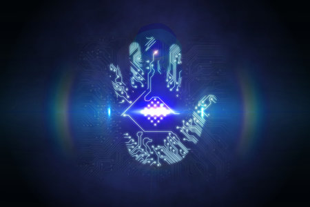 Digital security hand print scan in blue and blackの写真素材