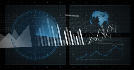 Displaying digital dashboard at abstract computer interface, with circular HUD overlay and 3D globe....