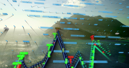 Displaying colorful 3D line chart over sunlit coastal bay, with arrows, nodes and numeric labels....
