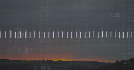 Overlaying digital progress bar over rural dawn horizon, highlighting tick marks and numeric data....