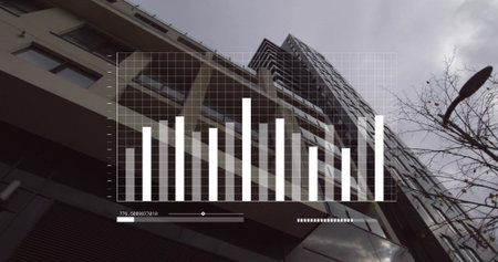 Showcasing high-rise building facade reflecting overcast sky at urban block, with bar chart overlay. Urban, architecture, skyscraper, modern, reflective, skyline, structuralの写真素材