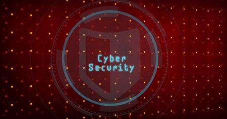Translucent shield icon showing Cyber Security text in dashboard, with glowing squares and circles....